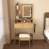 Vanity Table with LED-Illuminated Mirror, Power Outlet, Hairdryer Holder & Stool – Compact Dressing Desk for Small Bedrooms