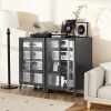 35.8" High Media Storage Cabinet with Wheels, AV Stereo TV Stand with 4 Adjustable Glass Shelves & Door, Heavy-Duty Steel Frame for Living Room