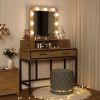 Vanity Desk with Mirror and Lights, Makeup Vanity with 3 Color Dimmable Lighted Hollywood Mirror, Brown Makeup Table with 4 Drawers