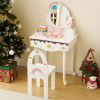 Kids Vanity Table and Chair Set with 7pcs Pretend Play Makeup Toys, Girls Vanity with Mirror & Stool, 3 Drawers & Tabletop Storage