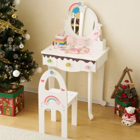 Kids Vanity Table and Chair Set with 7pcs Pretend Play Makeup Toys, Girls Vanity with Mirror & Stool, 3 Drawers & Tabletop Storage