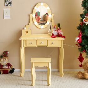 Kids Vanity Set with Mirror and Lights and Stool, 5 Storage Drawers