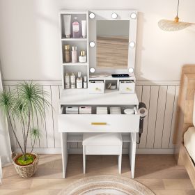 Vanity Table with Mirror & Adjustable LED Lights, Power Outlet, Hairdryer Holder & Stool – Compact Dressing Desk for Small Bedrooms (Color: White)